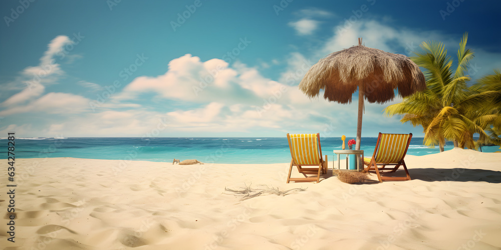 summer vacation on tropical sandy beach with deck chairs and umbrella