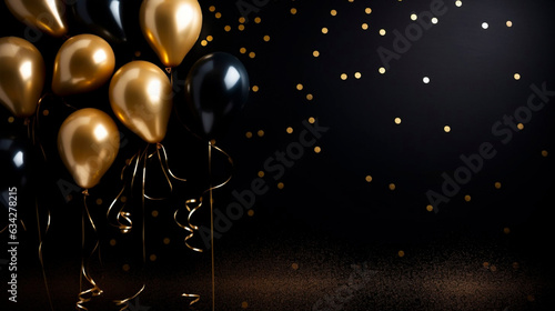 AI generated, background illustration for birthday celebration, wedding, anniversary, golden balloons and sparking lights on a black background. Copy space is available.