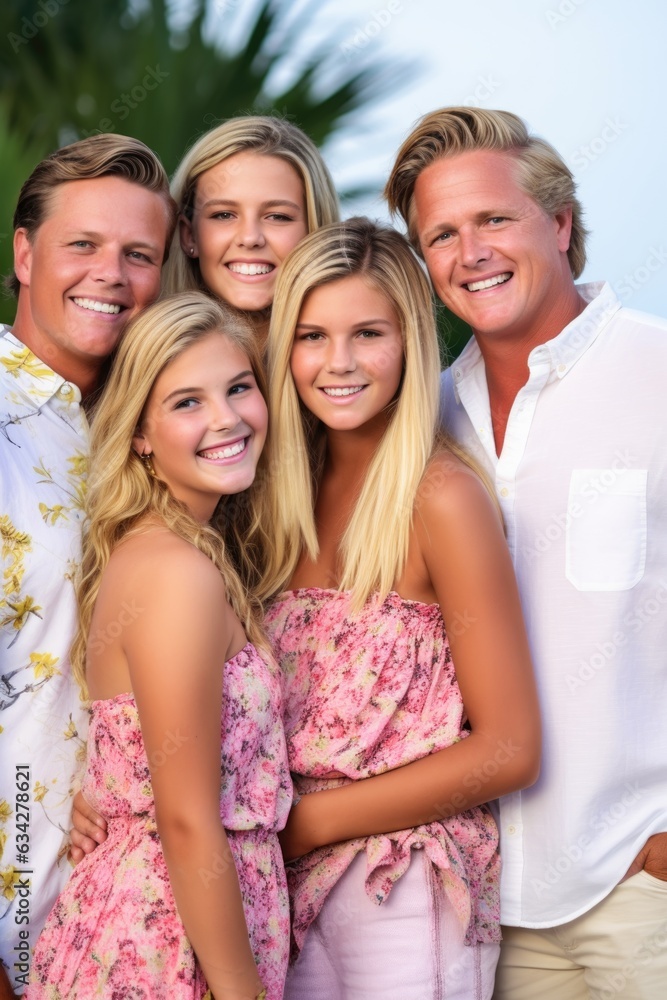 Fototapeta premium a happy family of five smiling at the camera while on vacation