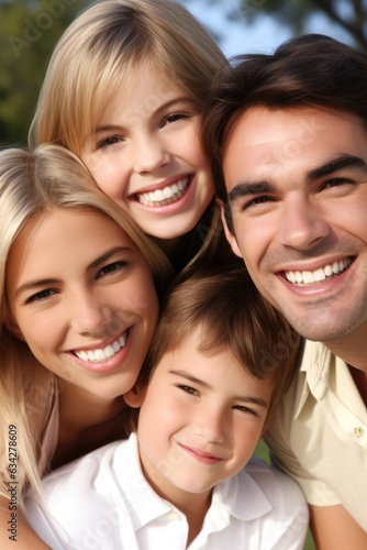 portrait of three happy young children bonding with their parents outdoors