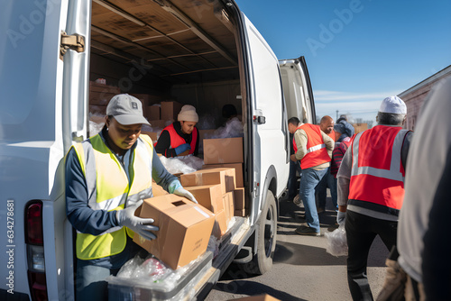 Group of Hardworking Volunteers Preparing Donated Free Food at Local Humanitarian Aid Donation Centre