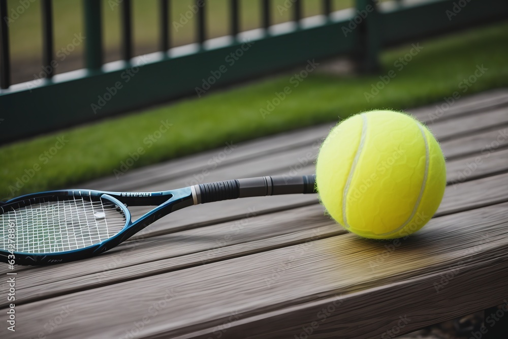 Tennis balls and racket on bench