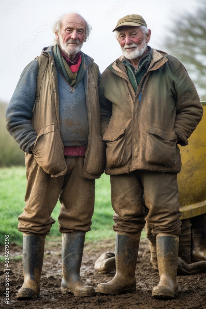 portrait of two farmers standing together in their muddy boots