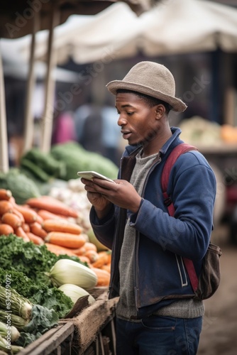 shot of a young farmer using a cellphone while working at his market stall