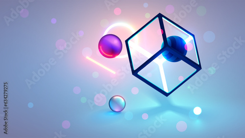 Abstract futuristic technological background with 3d objects in space on a light white background. Neon glowing geometric shapes hang in the air in 3d space. Abstract tech banner in a modern style.