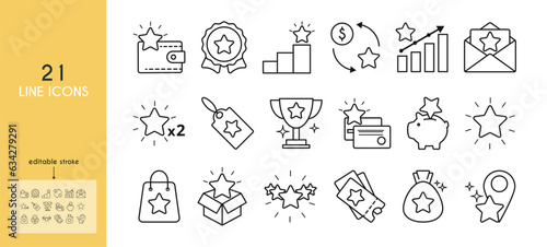 Exclusive benefits line icon set. Star  money  order  piggy bank  cup  letter  credit card  coupon  wallet  doubling  rating  bag  location  box  gift bag vector illustration. Outline sings. Editable