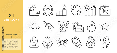 Exclusive benefits line icon set. Star, money, order, piggy bank, cup, letter, credit card, coupon, wallet, doubling, rating, bag, location, box, gift bag vector illustration. Outline sings. Editable