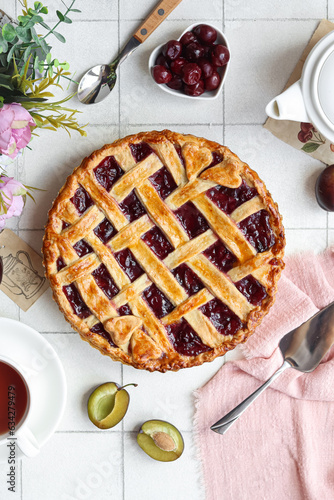 Quadro su tela Homemade pie and tea, a delightful afternoon treat.