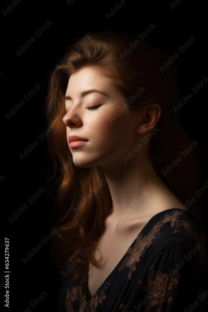 studio shot of a beautiful young woman with her eyes closed against a dark background