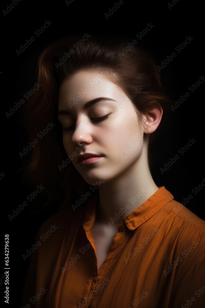 studio shot of a beautiful young woman with her eyes closed against a dark background