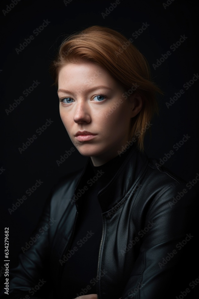 shot of a young woman wearing black against a grey background