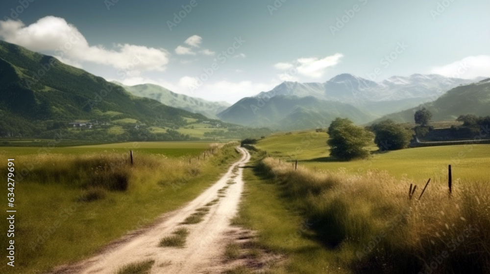 A long straight road leading towards a mountains. Amazing bright spring and summer landscape