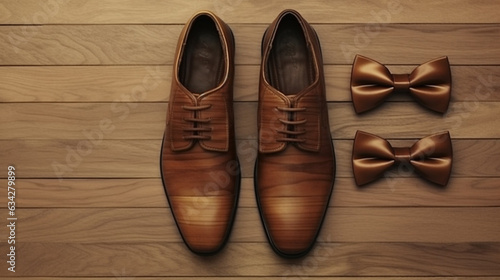 closeup of lightened with natural men shoes and bow tie. Shoes and bow tie lying on the wooden floor