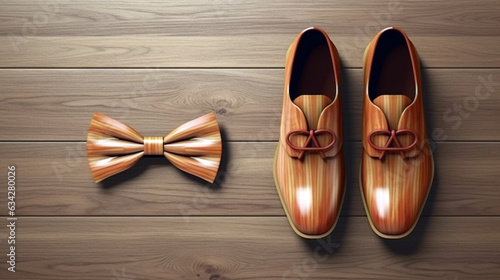 Men s fashion. Men s shoes and bow tie on wooden table