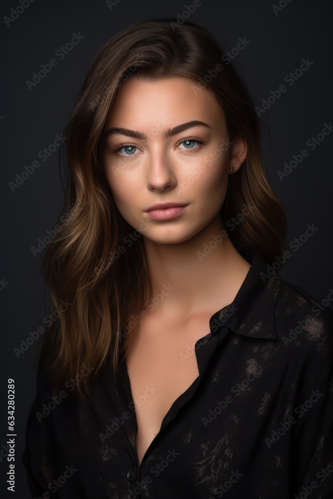studio portrait of an attractive young woman posing against a grey background