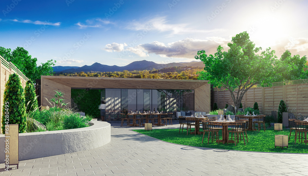 Outdoor Garden Pub & Restaurant inside a Sun-Kissed Landscape - 3d visualization