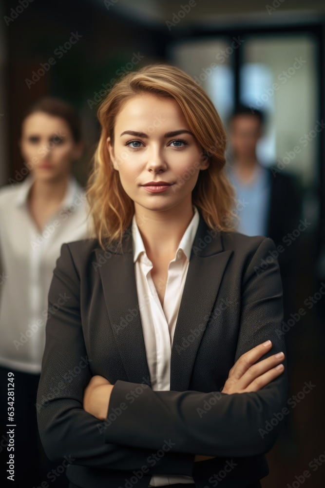portrait of a confident young businesswoman standing in an office with her colleagues in the background portrait of a confident young businesswoman standing in an office with her colleagues in the background