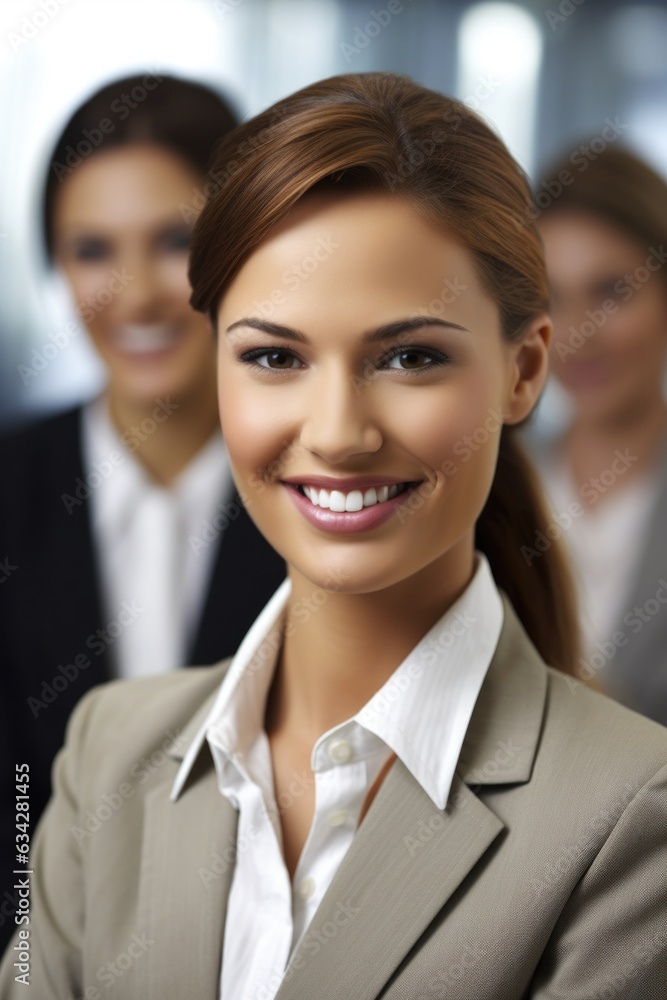 portrait of a young businesswoman smiling with her colleagues in the background portrait of a young businesswoman smiling with her colleagues in the background
