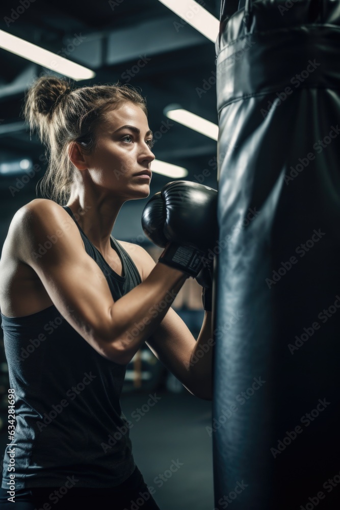 cropped shot of a young female boxer training with a punching bag in the gym