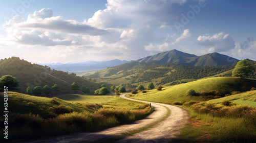 summer road in mountain. A long straight road leading towards a mountains. Amazing bright spring