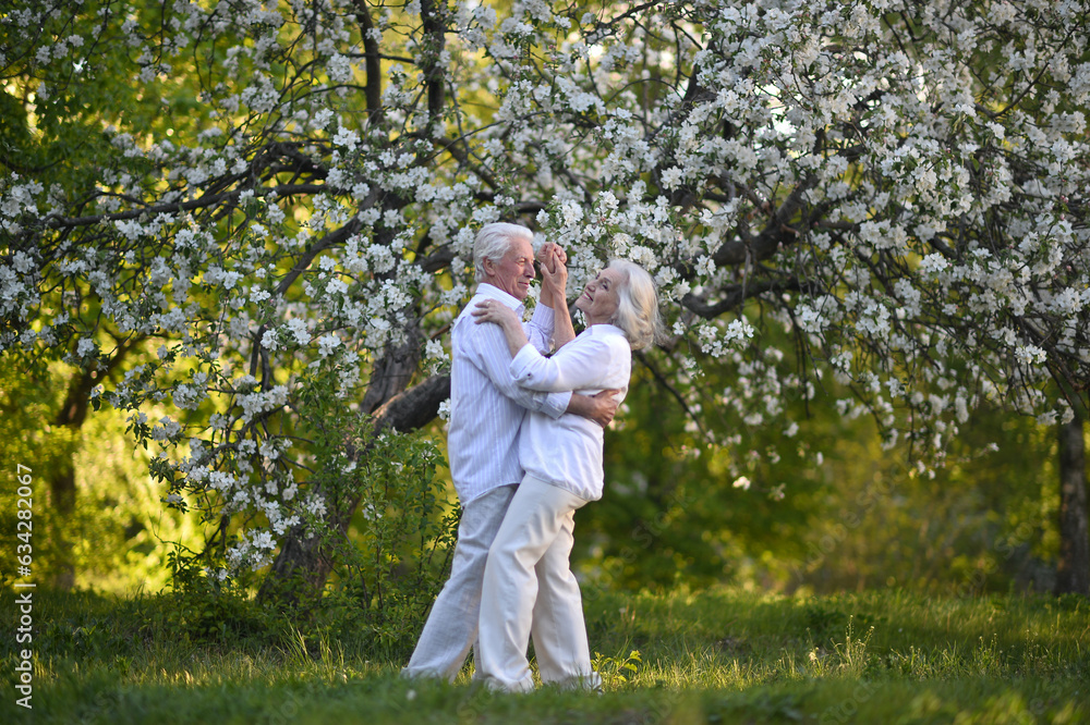 Beautiful elderly couple dancing in the apple orchard