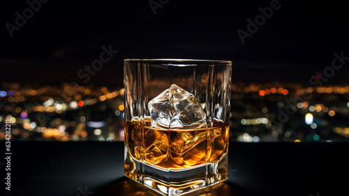A glass of whiskey on ice with a stunning night view of the city in the background