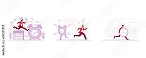 Office workers are tired and running over the alarm clock. Entrepreneurs are chasing time, time management to help complete multitasking work. Set Trend Modern vector flat illustration