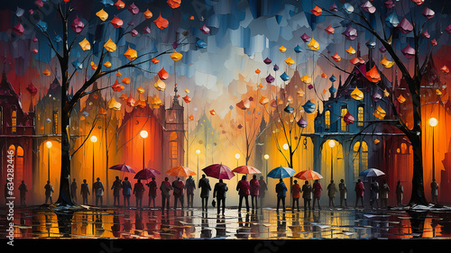 painting people umbrellas autumn rain old town lights © kichigin19