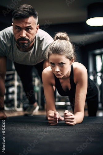 shot of a young woman doing pushups in front of her personal trainer