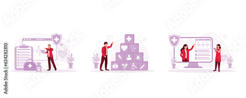 Doctor checking patient's medical record to give treatment, health insurance concept, Medical Doctor touching electronic medical record on tablet. Set Trend Modern vector flat illustration