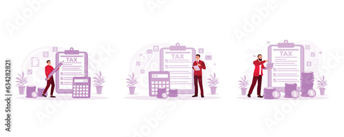 Businessman with a giant pencil filling out tax return forms, calculation of obligatory payment, business concept, and tax payment. Set Trend Modern vector flat illustration