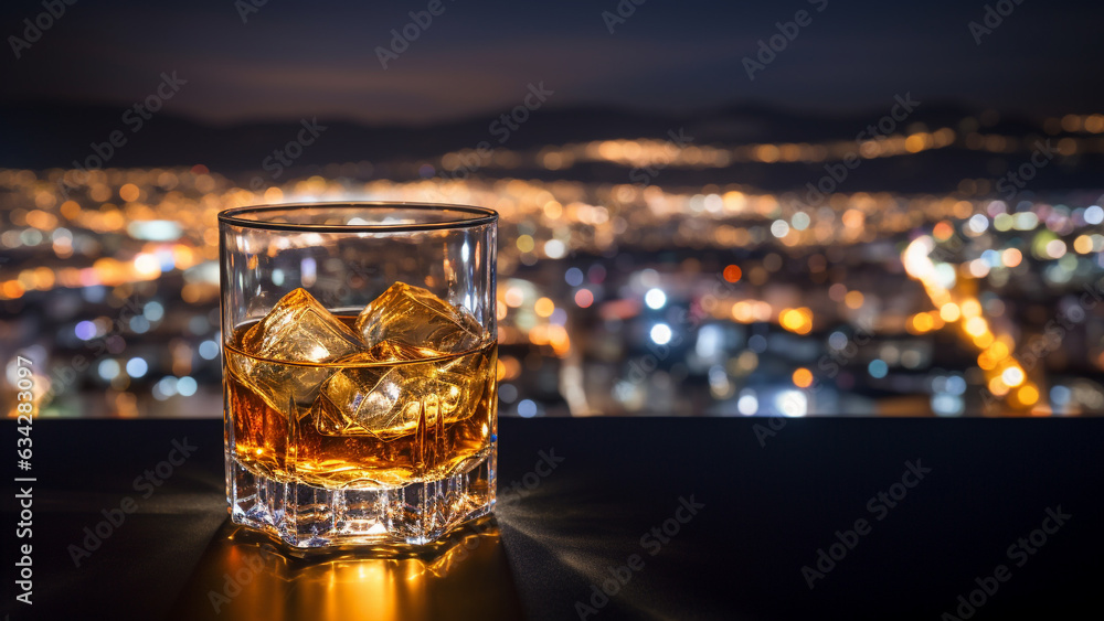 A glass of whiskey on a table in a sky bar with a city night view in the background A glass of whiskey on a table in a sky bar with a city night view in the background