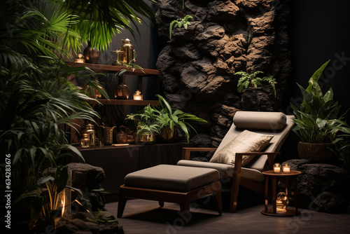 Asian-inspired skincare corner with soft lighting and lush plants, inviting relaxation and self-care 
