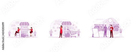Women clothing shop owners look at sales ratings in online stores, shop using smartphones, and retail sales managers check stock using tablets. Set Trend Modern vector flat illustration