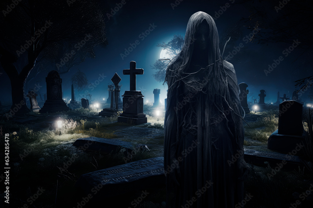 Undead woman in hooded cloak standing in graveyard with tombstones at night, Halloween mystery concept