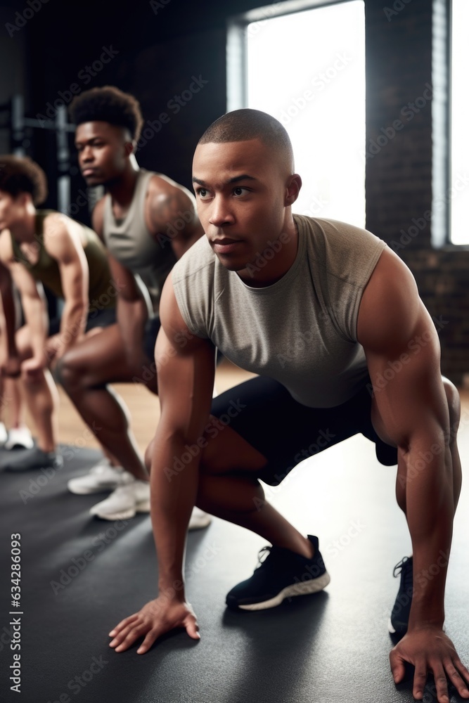 Obraz premium shot of a young male instructor leading his group through an exercise routine