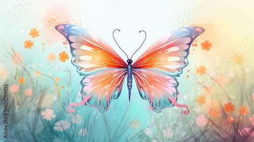  a colorful butterfly flying over a field of flowers and grass.  generative ai © Anna