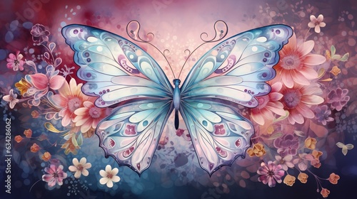  a painting of a blue butterfly with pink and yellow flowers.  generative ai © Anna