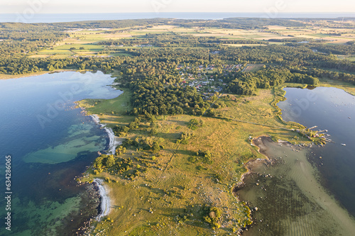 Aerial view of maritime sea landscape, seascape. Wild nature and water. Stones, grass and water. Untouched nature. National nature reserve, national park.