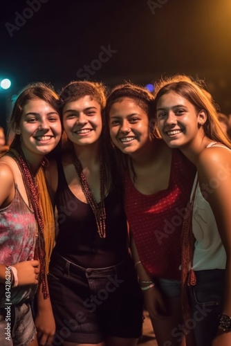 smiling young friends standing together at a concert