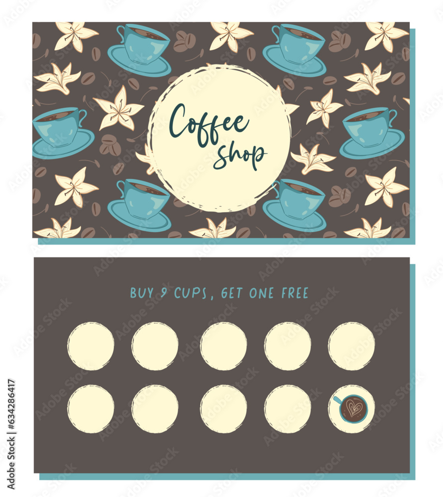 Modern Coffee Shop Loyalty Card with Mug, Cup Illustrations: Vector ...
