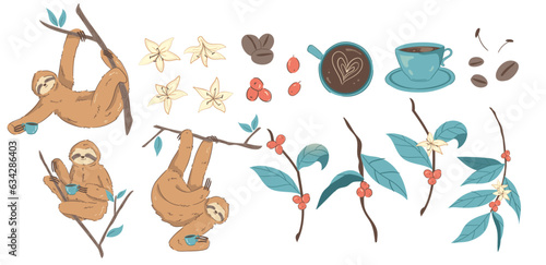 Collection of Adorable Baby Sloths: Cartoon Flat Vector Set Depicting Lazy Wild Animals on Branches, Climbing Trees, and Enjoying Leaves. Perfect Design Elements for Stickers, Social Networks, and Mor