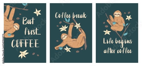 Wallpaper Mural Set of Vector Cards with Adorable Sloth Character and Coffee Cup. Good Morning Poster Design with Playful Animal Illustration, Greeting Card with a Lazy Sloth, Shirt and Birthday Congratulatory Text Torontodigital.ca
