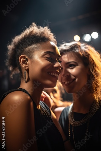shot of two young women bonding together during a live music concert