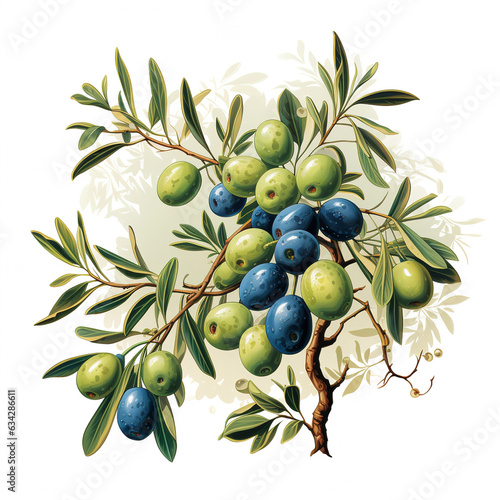 Olive branch with green and black on light background, logo of olive branch with olives, branch of olives isolated, generative ai