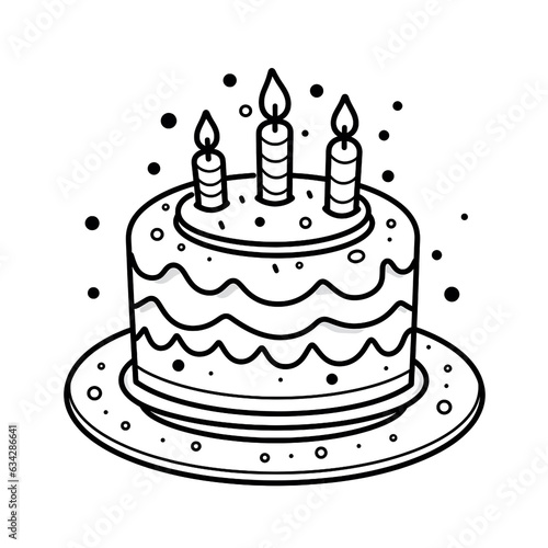 Decorated cake in black and white isolated on white background. Perfect for children's coloring books.