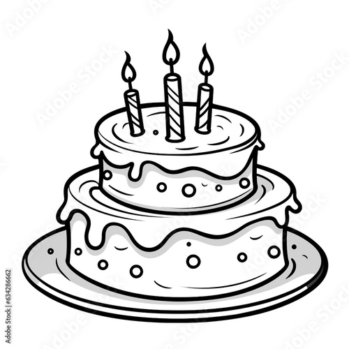 Decorated cake in black and white isolated on white background. Perfect for children's coloring books.