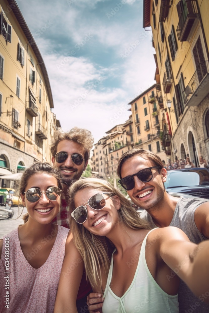 happy, city and selfie with friends on holiday in italy for travel, vacation and summer adventure