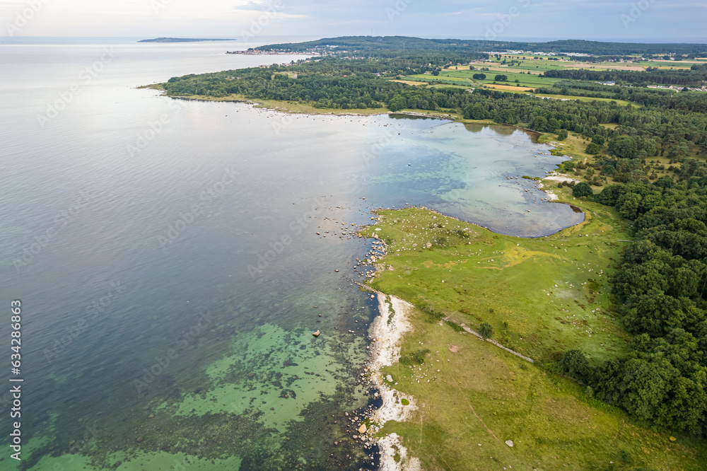 Aerial view of maritime sea landscape, seascape. Wild nature and water. Stones, grass and water. Untouched nature. National nature reserve, national park.