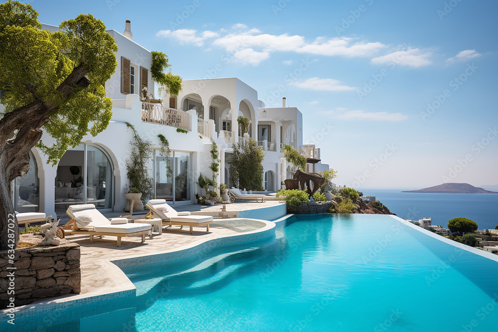 Luxury villa with swimming pool on Santorini island.